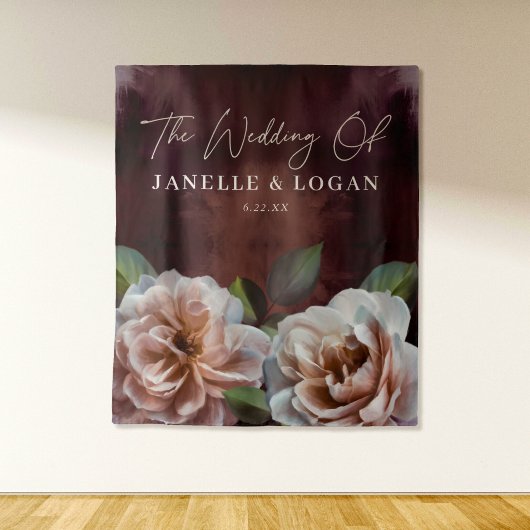 Donker + Moody rustieke bloemenbruiloft achtergron Wandkleed