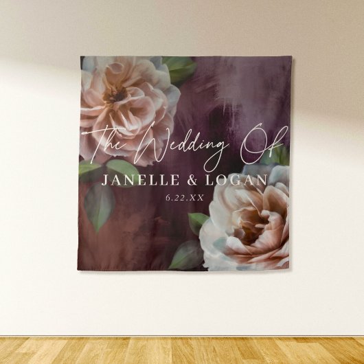 Donker + Moody rustieke bloemenbruiloft achtergron Wandkleed