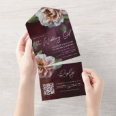 Donker + Moody rustieke bloemenbruiloft QR-code All In One Uitnodiging (Afscheurbaar)
