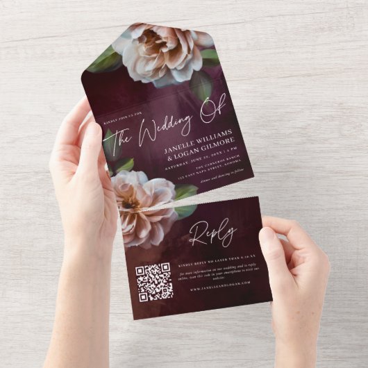 Donker + Moody rustieke bloemenbruiloft QR-code All In One Uitnodiging (Afscheurbaar)