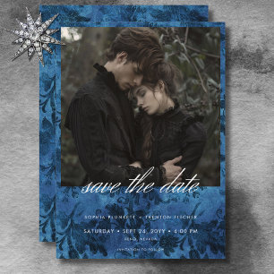 Donker Moody Zwart & Blauw Damast Foto Bruiloft Save The Date