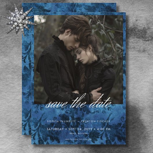 Donker Moody Zwart & Blauw Damast Foto Bruiloft Save The Date