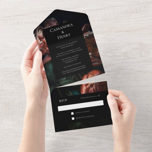 Donker Moody Zwart Gotische Bloemen Bruiloft All In One Uitnodiging (Afscheurbaar)