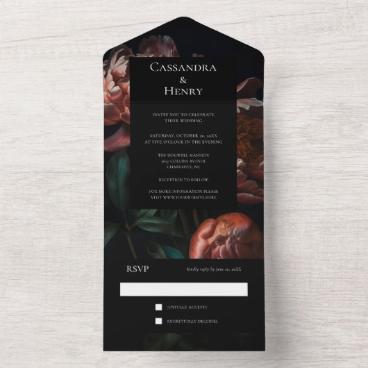 Donker Moody Zwart Gotische Bloemen Bruiloft All In One Uitnodiging (Binnen)