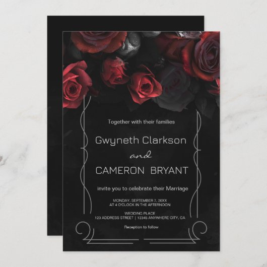 Donker Moody Zwart Rood Bloemen Uitnodiging (Voorkant / Achterkant)