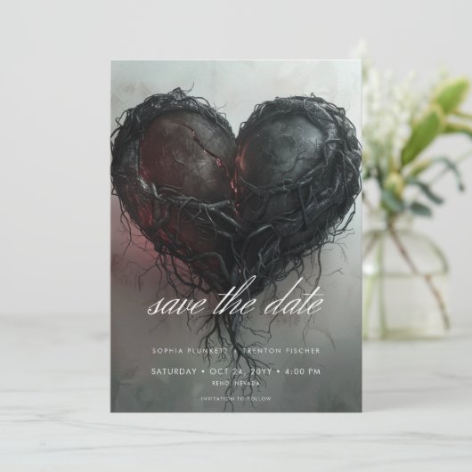 Donker Moody Zwart Twisted Heart Bruiloft Save The Date (Staand voorkant)