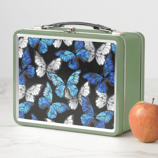 Donker naadloos patroon met blauwe vlinders Morpho (In situ)