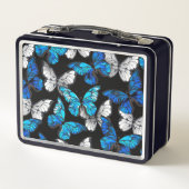 Donker naadloos patroon met blauwe vlinders Morpho (Achterkant)