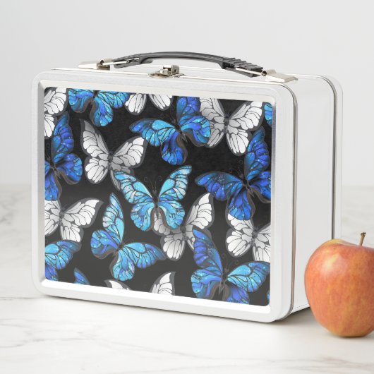 Donker naadloos patroon met blauwe vlinders Morpho (In situ)