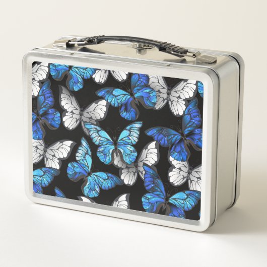 Donker naadloos patroon met blauwe vlinders Morpho (Achterkant)