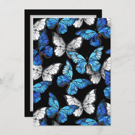 Donker naadloos patroon met blauwe vlinders Morpho Aankondiging (Voorkant / Achterkant)