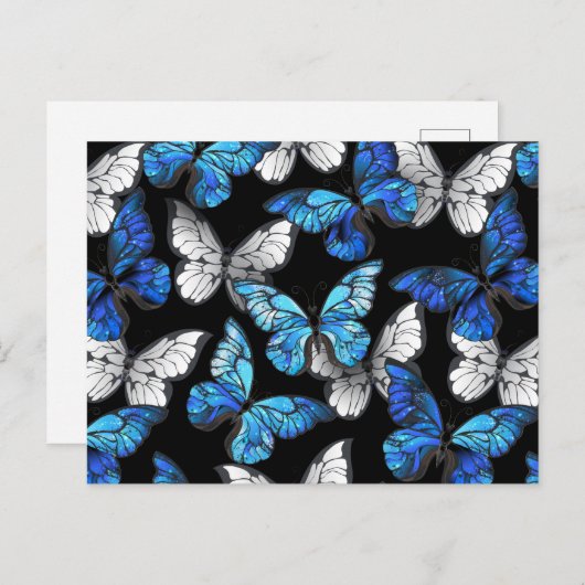 Donker naadloos patroon met blauwe vlinders Morpho Aankondigingskaart (Voorkant / Achterkant)