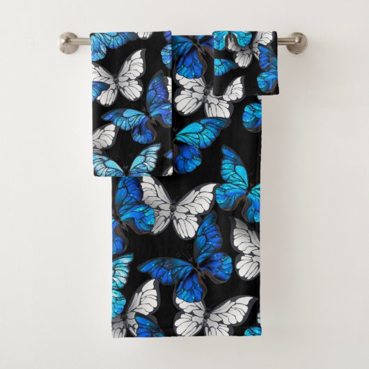 Donker naadloos patroon met blauwe vlinders Morpho Bad Handdoek (Insitu)