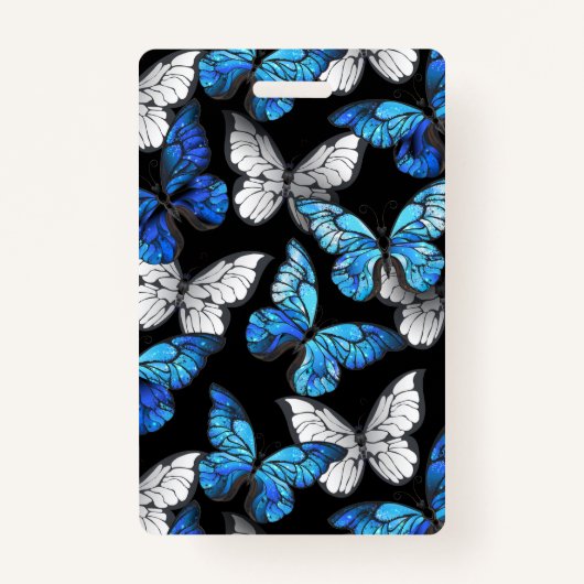 Donker naadloos patroon met blauwe vlinders Morpho Badge (Voorkant)