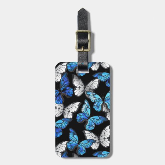 Donker naadloos patroon met blauwe vlinders Morpho Bagagelabel (Voorkant verticaal)
