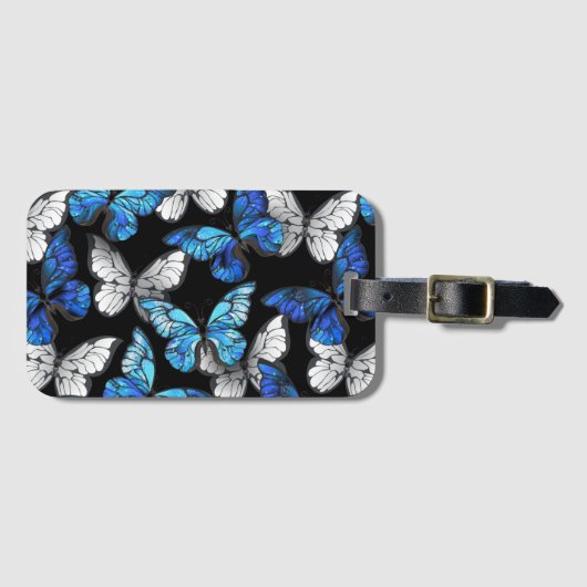 Donker naadloos patroon met blauwe vlinders Morpho Bagagelabel (Voorkant (horizontaal))