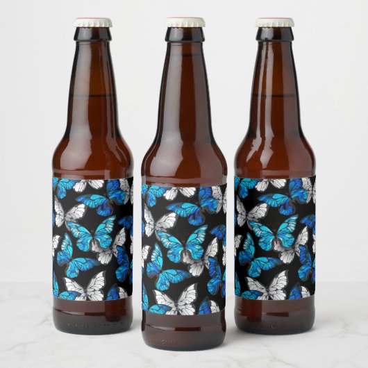 Donker naadloos patroon met blauwe vlinders Morpho Bier Etiket (Flessen)