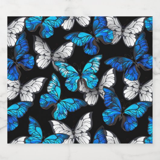 Donker naadloos patroon met blauwe vlinders Morpho Bier Etiket (Enkel label)