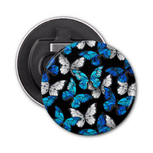 Donker naadloos patroon met blauwe vlinders Morpho Button Flesopener