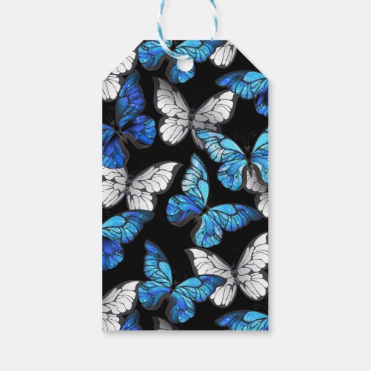 Donker naadloos patroon met blauwe vlinders Morpho Cadeaulabel (Achterkant)