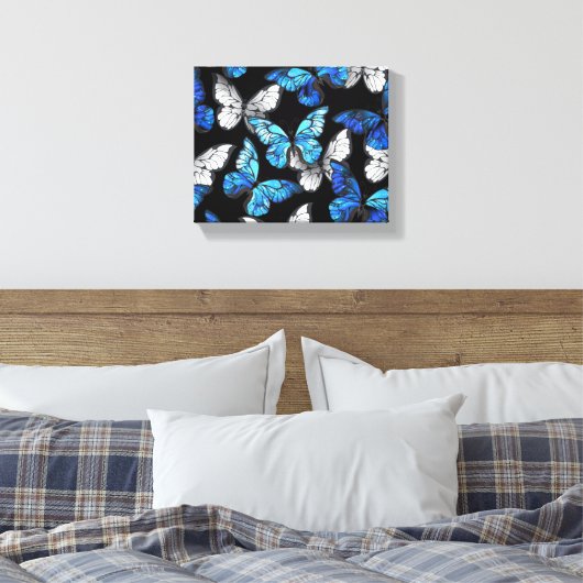 Donker naadloos patroon met blauwe vlinders Morpho Canvas Afdruk (Insitu (Slaapkamer))