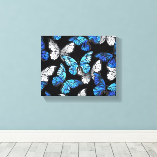 Donker naadloos patroon met blauwe vlinders Morpho Canvas Afdruk (Insitu (Houten vloer))