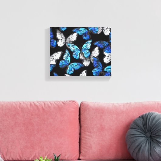 Donker naadloos patroon met blauwe vlinders Morpho Canvas Afdruk (Insitu (Woonkamer))