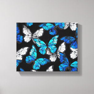 Donker naadloos patroon met blauwe vlinders Morpho Canvas Afdruk