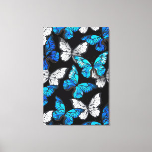 Donker naadloos patroon met blauwe vlinders Morpho Canvas Afdruk