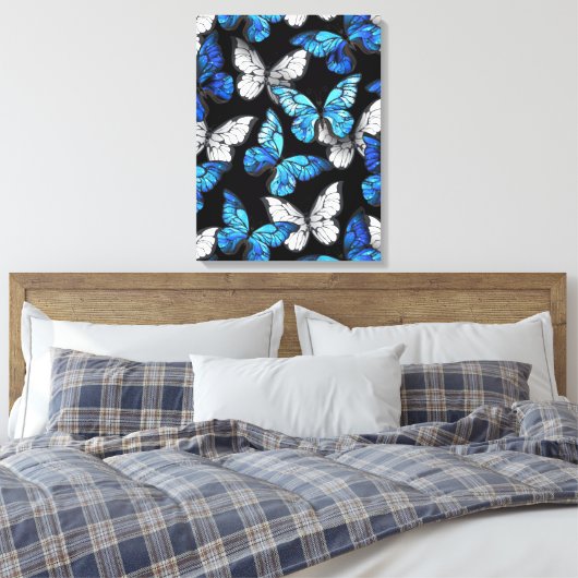 Donker naadloos patroon met blauwe vlinders Morpho Canvas Afdruk (Insitu (Slaapkamer))