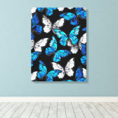 Donker naadloos patroon met blauwe vlinders Morpho Canvas Afdruk (Insitu (Houten vloer))