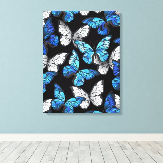 Donker naadloos patroon met blauwe vlinders Morpho Canvas Afdruk (Insitu (Houten vloer))