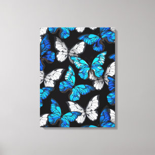 Donker naadloos patroon met blauwe vlinders Morpho Canvas Afdruk