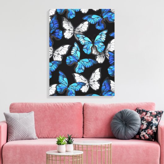 Donker naadloos patroon met blauwe vlinders Morpho Canvas Afdruk (Insitu (Woonkamer))