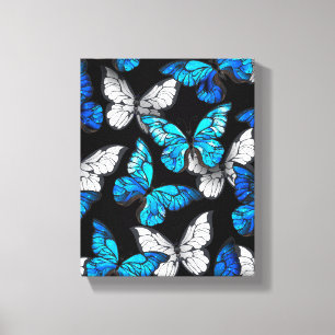 Donker naadloos patroon met blauwe vlinders Morpho Canvas Afdruk