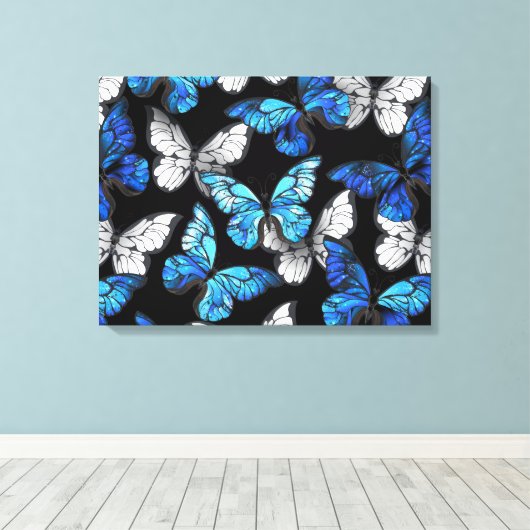 Donker naadloos patroon met blauwe vlinders Morpho Canvas Afdruk (Insitu (Houten vloer))