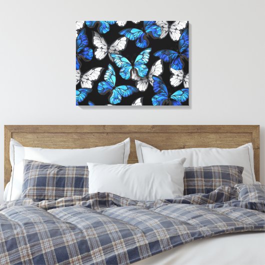 Donker naadloos patroon met blauwe vlinders Morpho Canvas Afdruk (Insitu (Slaapkamer))