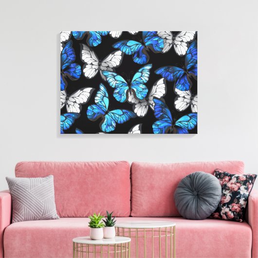 Donker naadloos patroon met blauwe vlinders Morpho Canvas Afdruk (Insitu (Woonkamer))