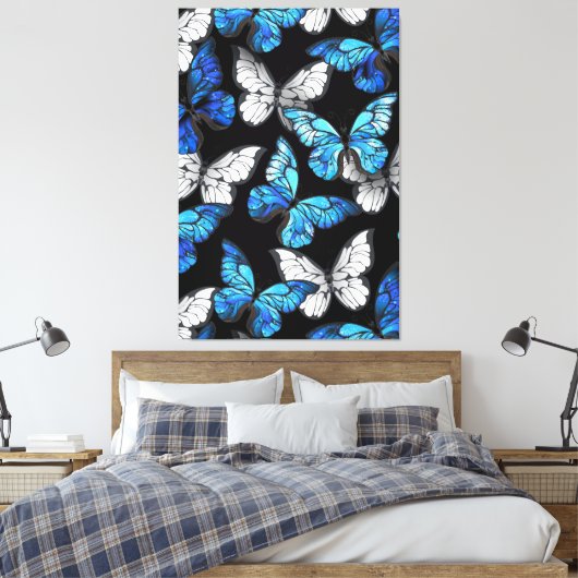 Donker naadloos patroon met blauwe vlinders Morpho Canvas Afdruk (Insitu (Slaapkamer))