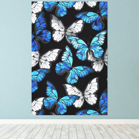 Donker naadloos patroon met blauwe vlinders Morpho Canvas Afdruk (Insitu (Houten vloer))