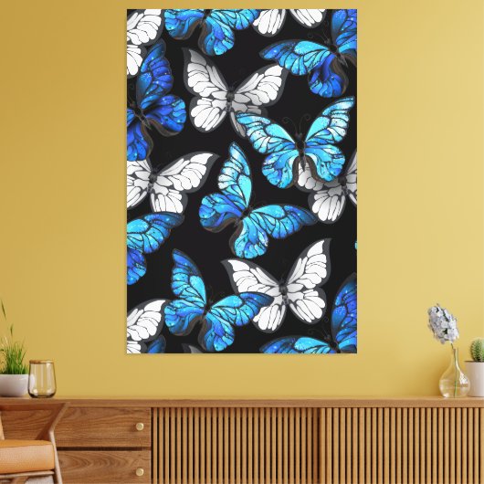 Donker naadloos patroon met blauwe vlinders Morpho Canvas Afdruk (Insitu (Woonkamer))