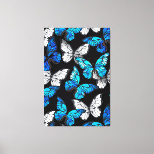 Donker naadloos patroon met blauwe vlinders Morpho Canvas Afdruk