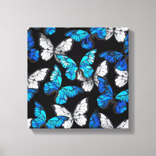 Donker naadloos patroon met blauwe vlinders Morpho Canvas Afdruk