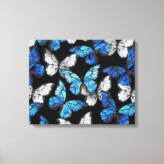 Donker naadloos patroon met blauwe vlinders Morpho Canvas Afdruk (Voorkant)