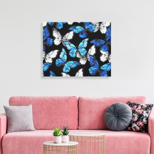 Donker naadloos patroon met blauwe vlinders Morpho Canvas Afdruk (Insitu (Woonkamer))