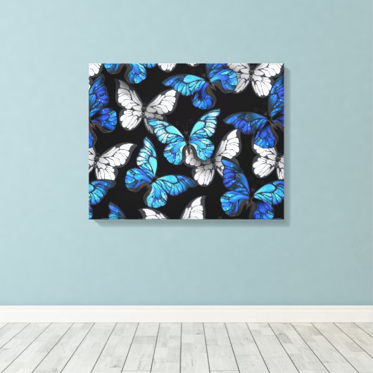 Donker naadloos patroon met blauwe vlinders Morpho Canvas Afdruk (Insitu (Houten vloer))