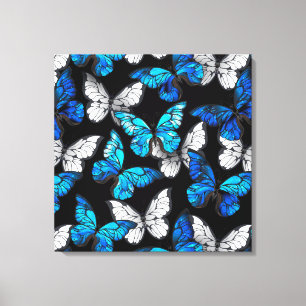 Donker naadloos patroon met blauwe vlinders Morpho Canvas Afdruk
