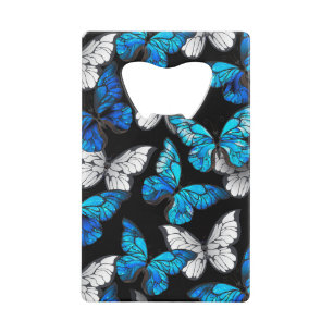 Donker naadloos patroon met blauwe vlinders Morpho Creditkaart Flessenopener