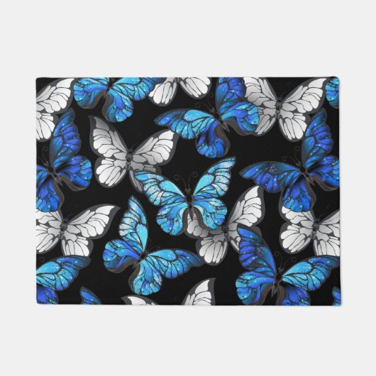 Donker naadloos patroon met blauwe vlinders Morpho Deurmat (Voorkant)