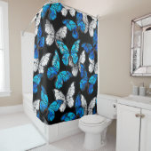 Donker naadloos patroon met blauwe vlinders Morpho Douchegordijn (In situ)